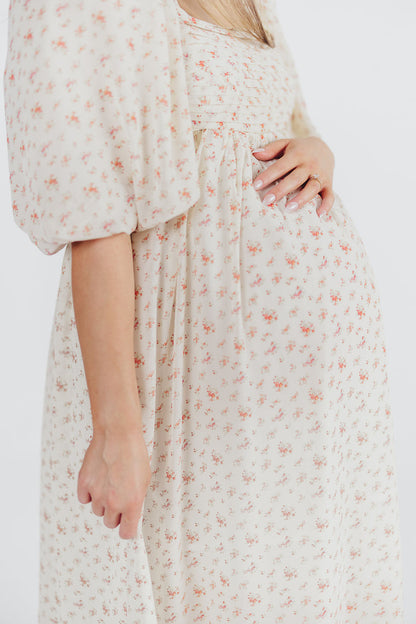 Melody Maxi Dress with Pleats and Bow Detail in Ivory Floral- Bump Friendly & Inclusive Sizing (S-3XL)