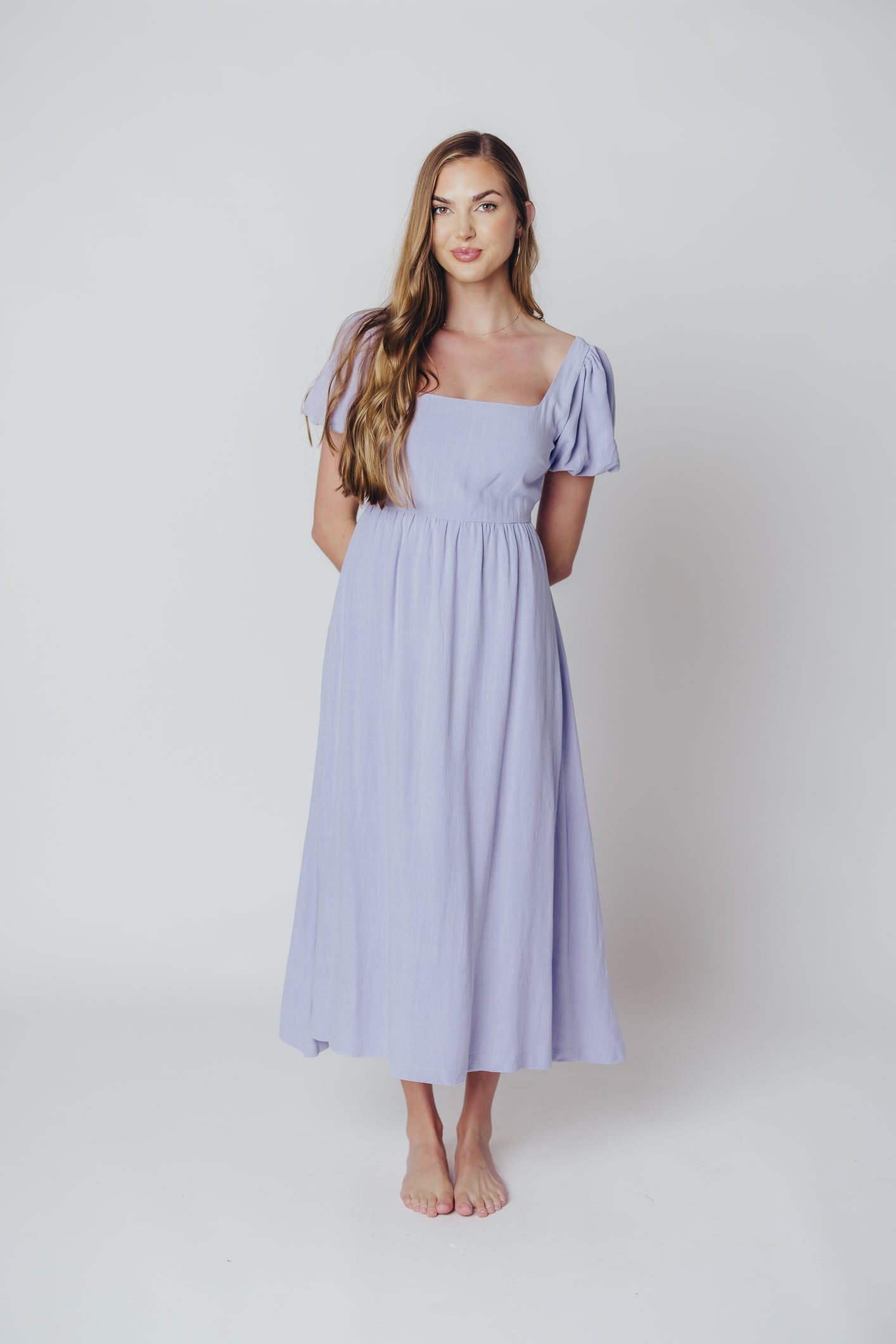 Ainsley Square Neck Midi Dress with Puffed Sleeves in Morning Glory - Bump Friendly & Inclusive Sizing (S-3XL)