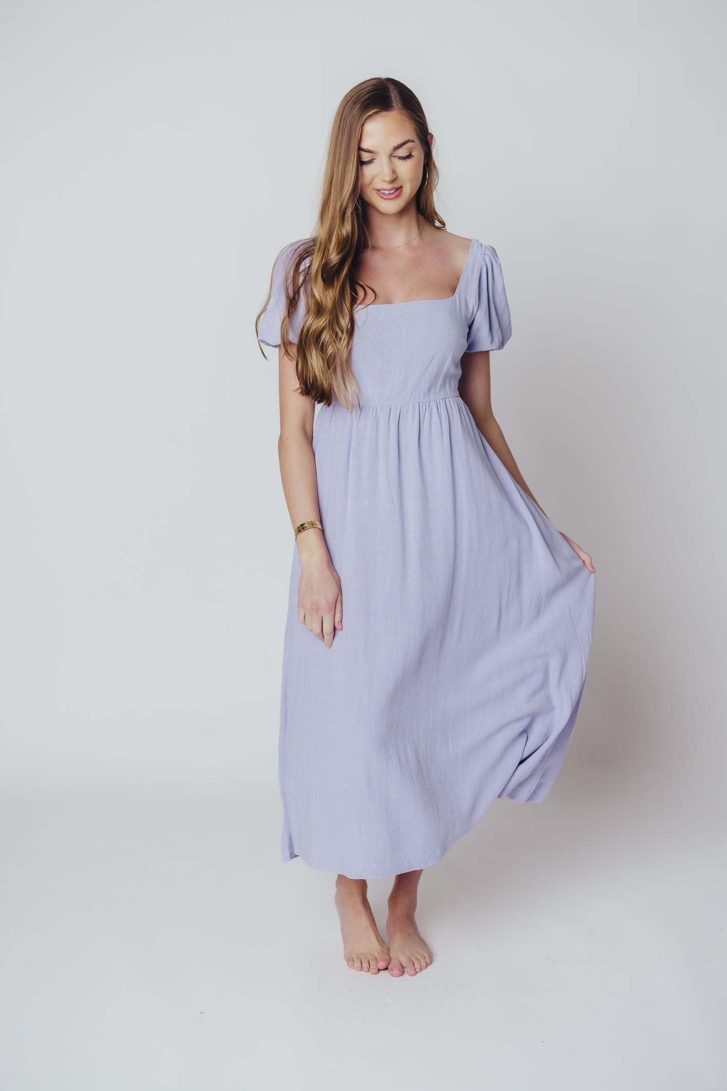 Ainsley Square Neck Midi Dress with Puffed Sleeves in Morning Glory - Bump Friendly & Inclusive Sizing (S-3XL)