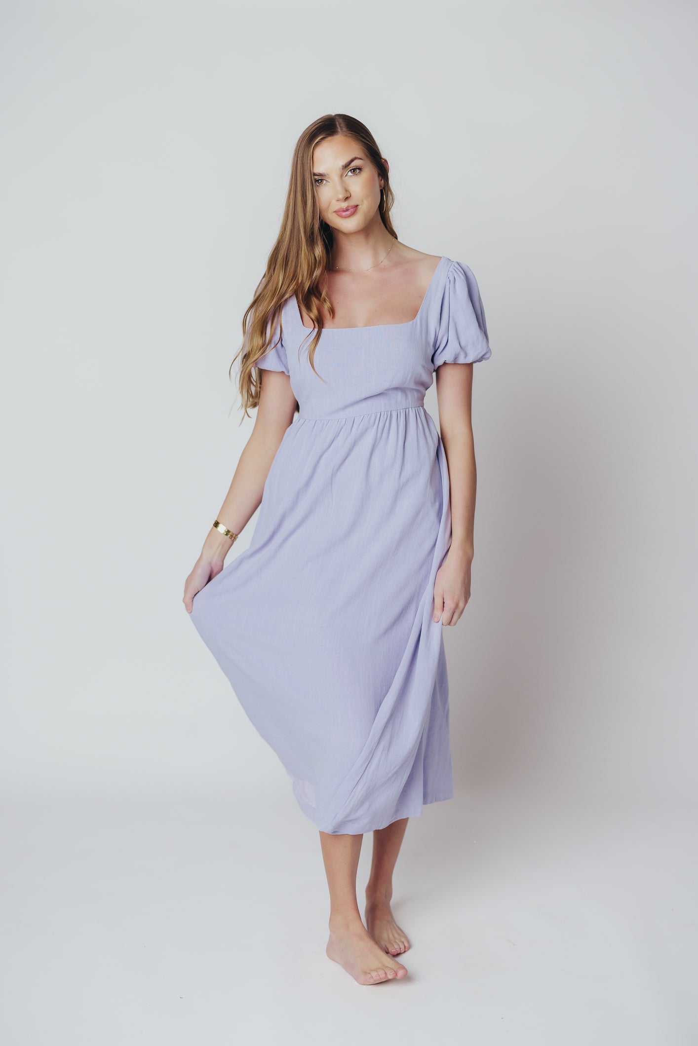 Ainsley Square Neck Midi Dress with Puffed Sleeves in Morning Glory - Bump Friendly & Inclusive Sizing (S-3XL)