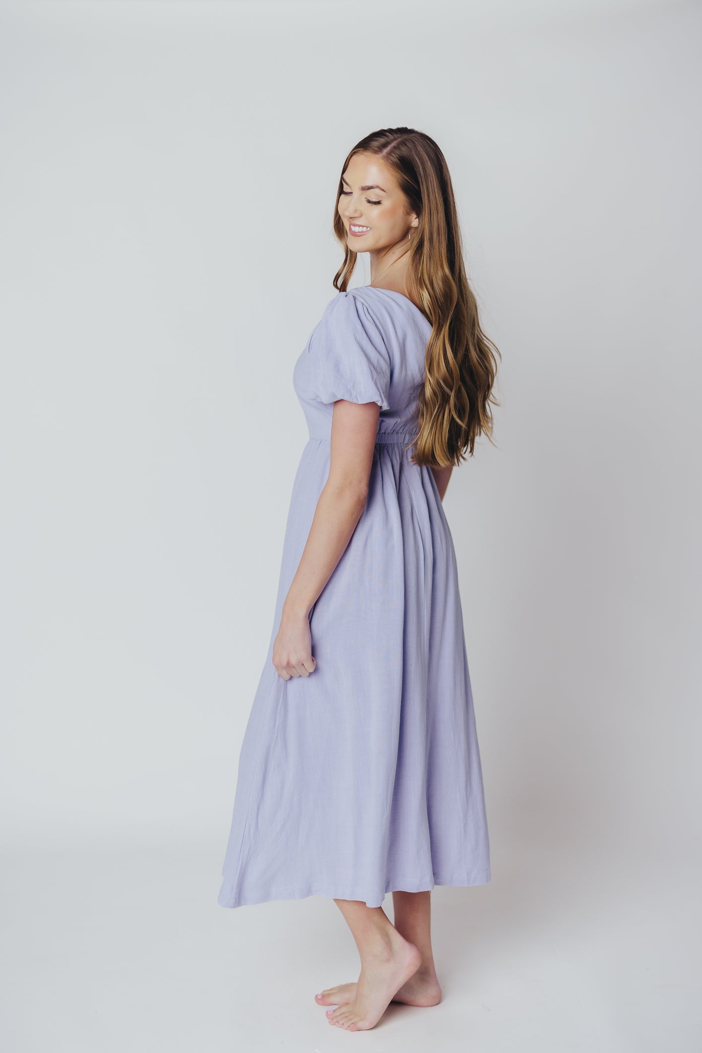 Ainsley Square Neck Midi Dress with Puffed Sleeves in Morning Glory - Bump Friendly & Inclusive Sizing (S-3XL)