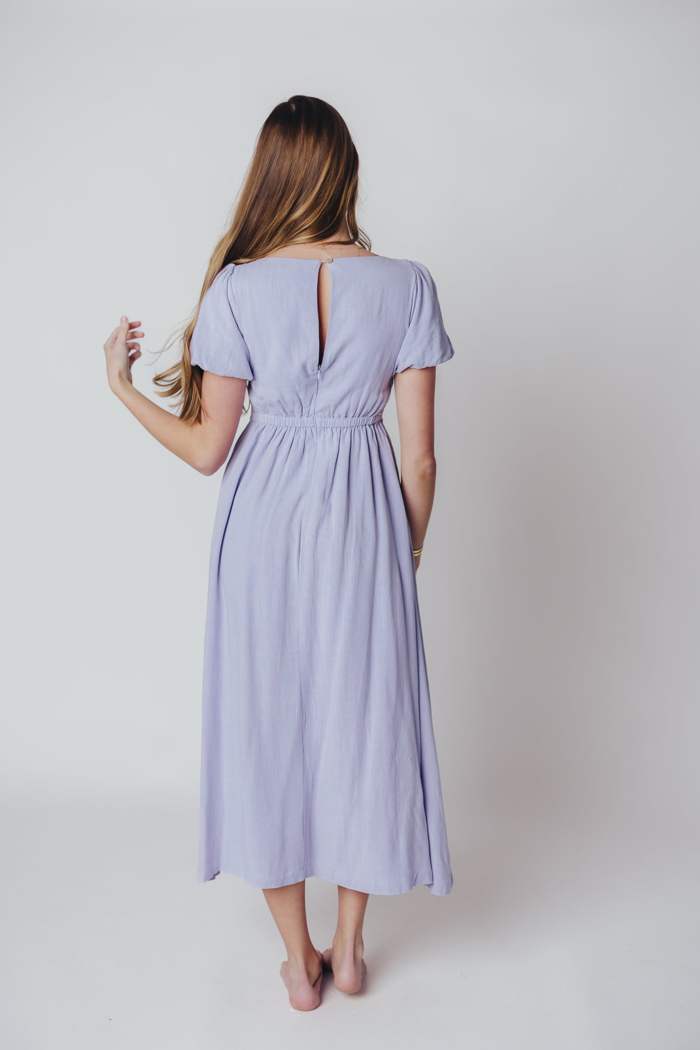 Ainsley Square Neck Midi Dress with Puffed Sleeves in Morning Glory - Bump Friendly & Inclusive Sizing (S-3XL)