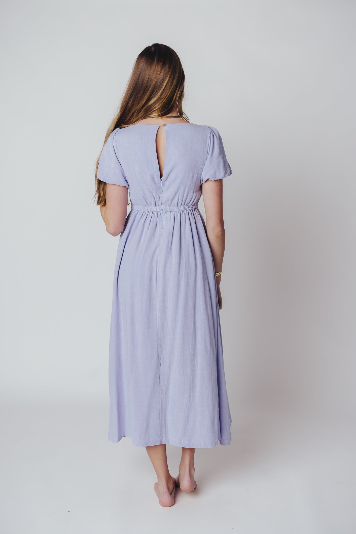 Ainsley Square Neck Midi Dress with Puffed Sleeves in Morning Glory - Bump Friendly & Inclusive Sizing (S-3XL)