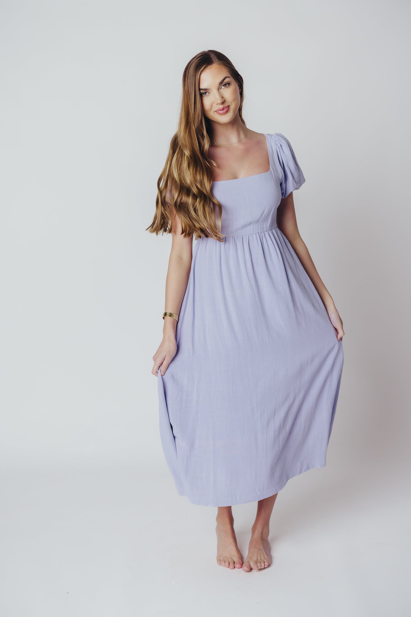 Ainsley Square Neck Midi Dress with Puffed Sleeves in Morning Glory - Bump Friendly & Inclusive Sizing (S-3XL)