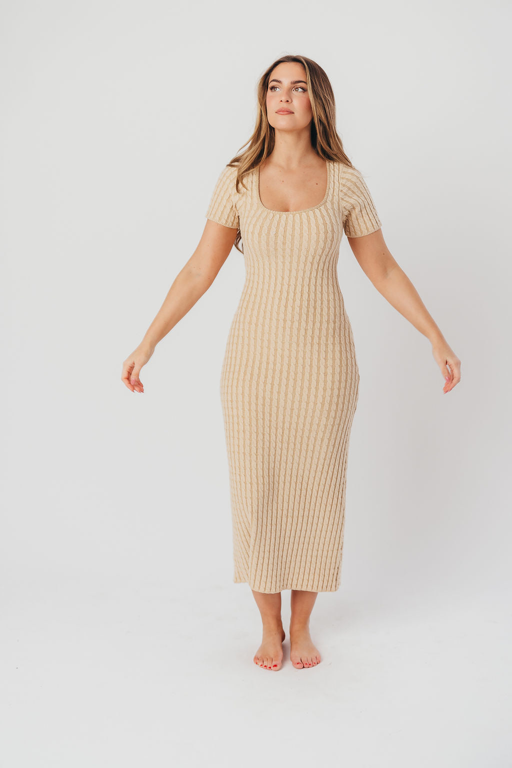 Kaylie Cable Knit Sweater Maxi Dress in Sand