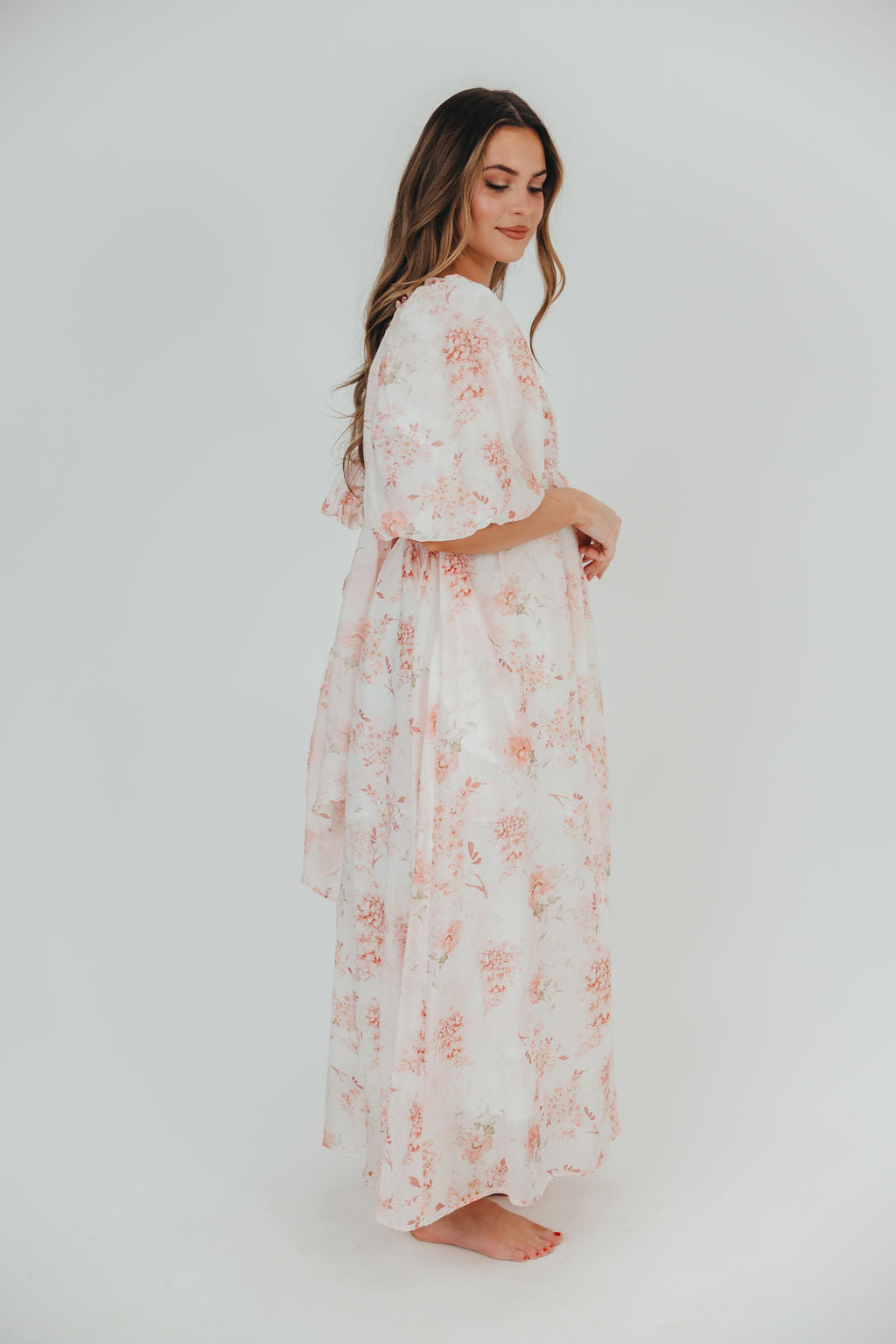 Melody Maxi Dress with Pleats and Bow Detail in Pink Floral -  Bump Friendly & Inclusive Sizing (S-3XL)