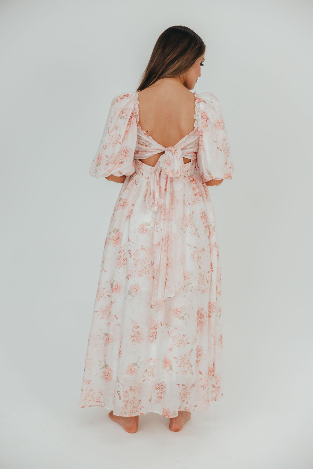 Melody Maxi Dress with Pleats and Bow Detail in Pink Floral -  Bump Friendly & Inclusive Sizing (S-3XL)