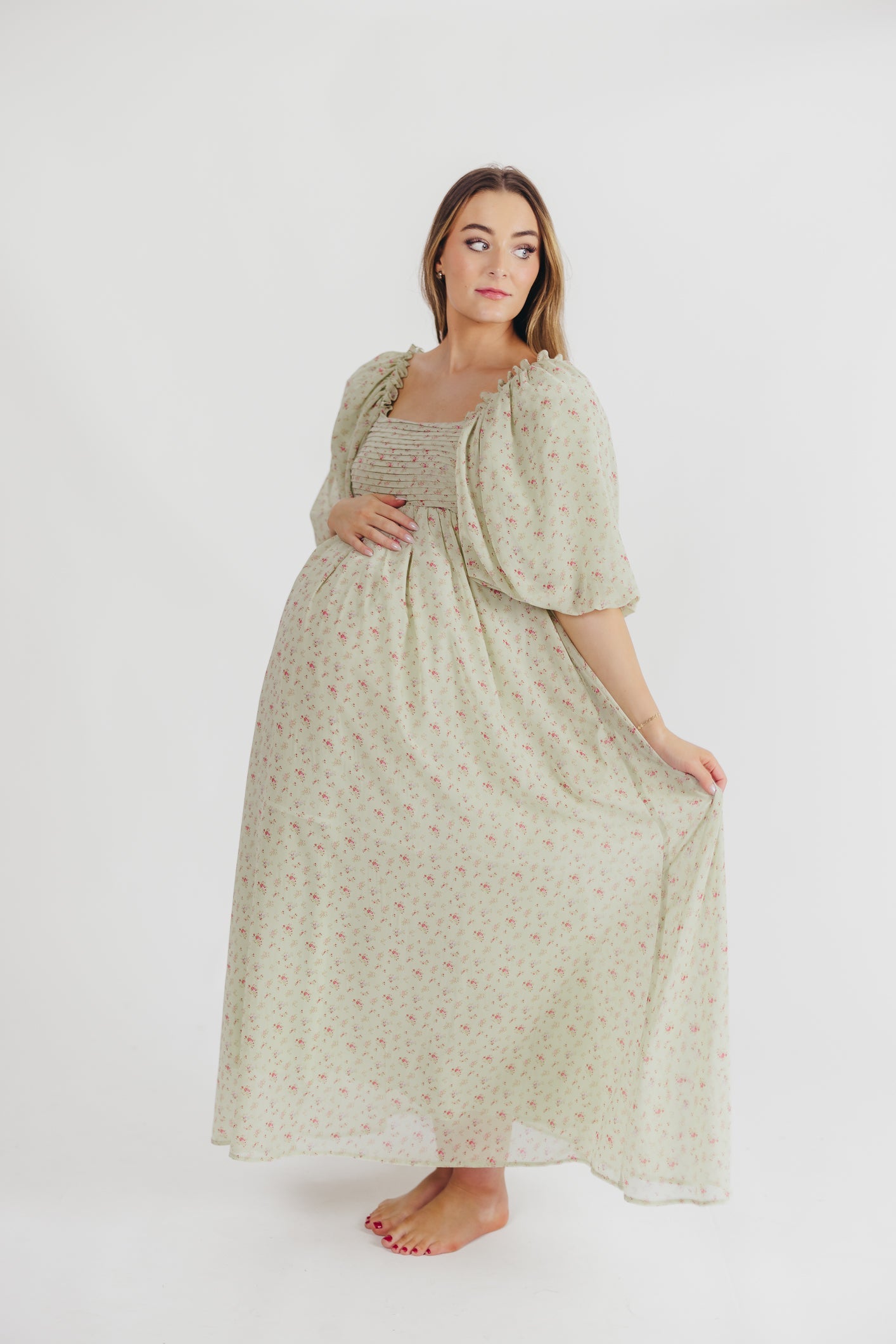 Melody Maxi Dress with Pleats and Bow Detail in Mint Floral - Bump Friendly & Inclusive Sizing (S-3XL)