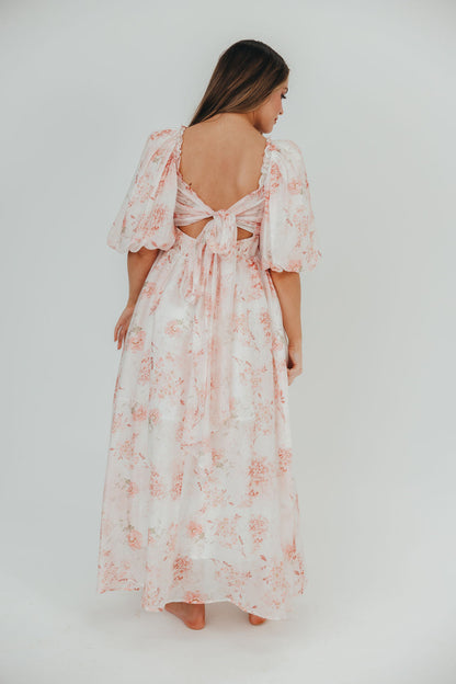 Melody Maxi Dress with Pleats and Bow Detail in Pink Floral -  Bump Friendly & Inclusive Sizing (S-3XL)