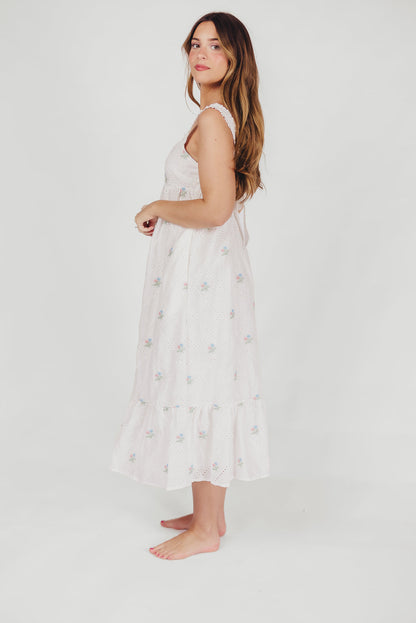 Lovelyn Empire-Waisted Midi Dress with Embroidered Flowers and Eyelet Details in White Multi Floral - Bump Friendly