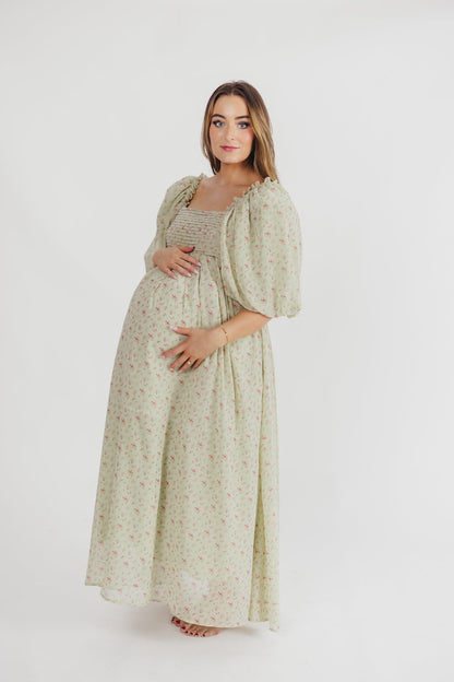 Melody Maxi Dress with Pleats and Bow Detail in Mint Floral - Bump Friendly & Inclusive Sizing (S-3XL)