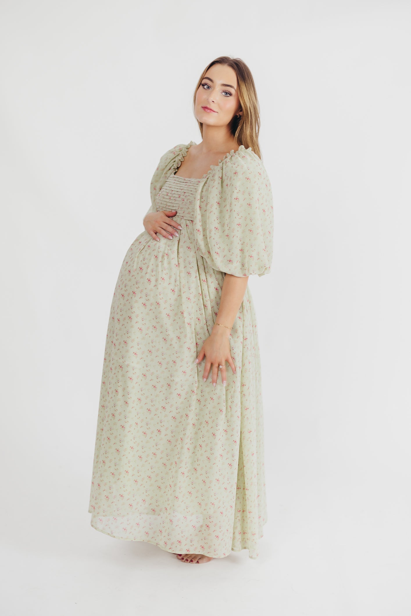 Melody Maxi Dress with Pleats and Bow Detail in Mint Floral - Bump Friendly & Inclusive Sizing (S-3XL)