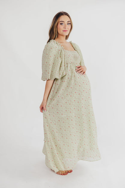 Melody Maxi Dress with Pleats and Bow Detail in Mint Floral - Bump Friendly & Inclusive Sizing (S-3XL)