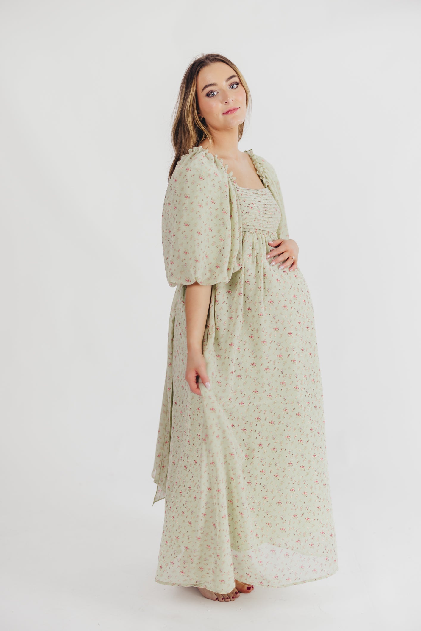 Melody Maxi Dress with Pleats and Bow Detail in Mint Floral - Bump Friendly & Inclusive Sizing (S-3XL)