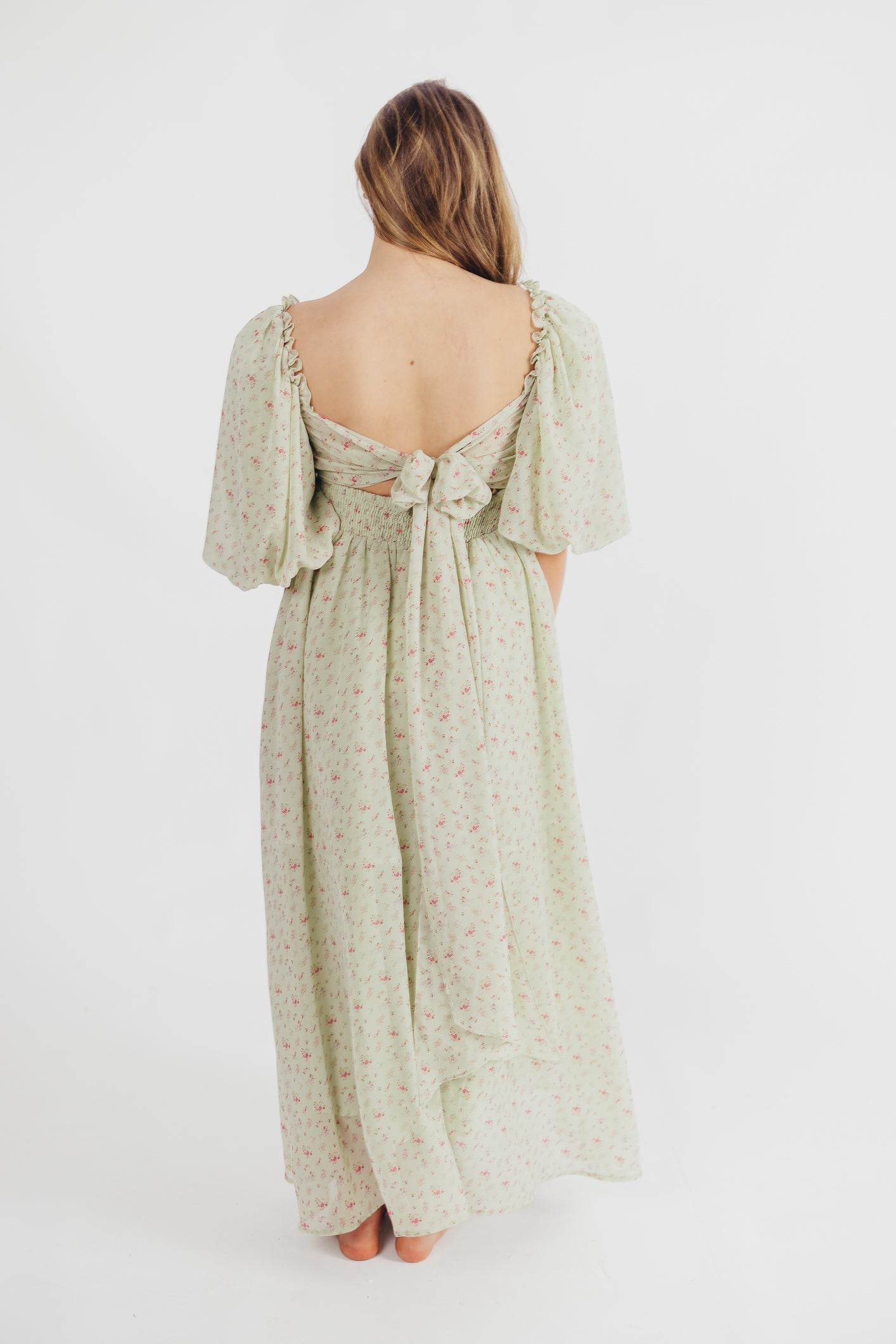 Melody Maxi Dress with Pleats and Bow Detail in Mint Floral - Bump Friendly & Inclusive Sizing (S-3XL)