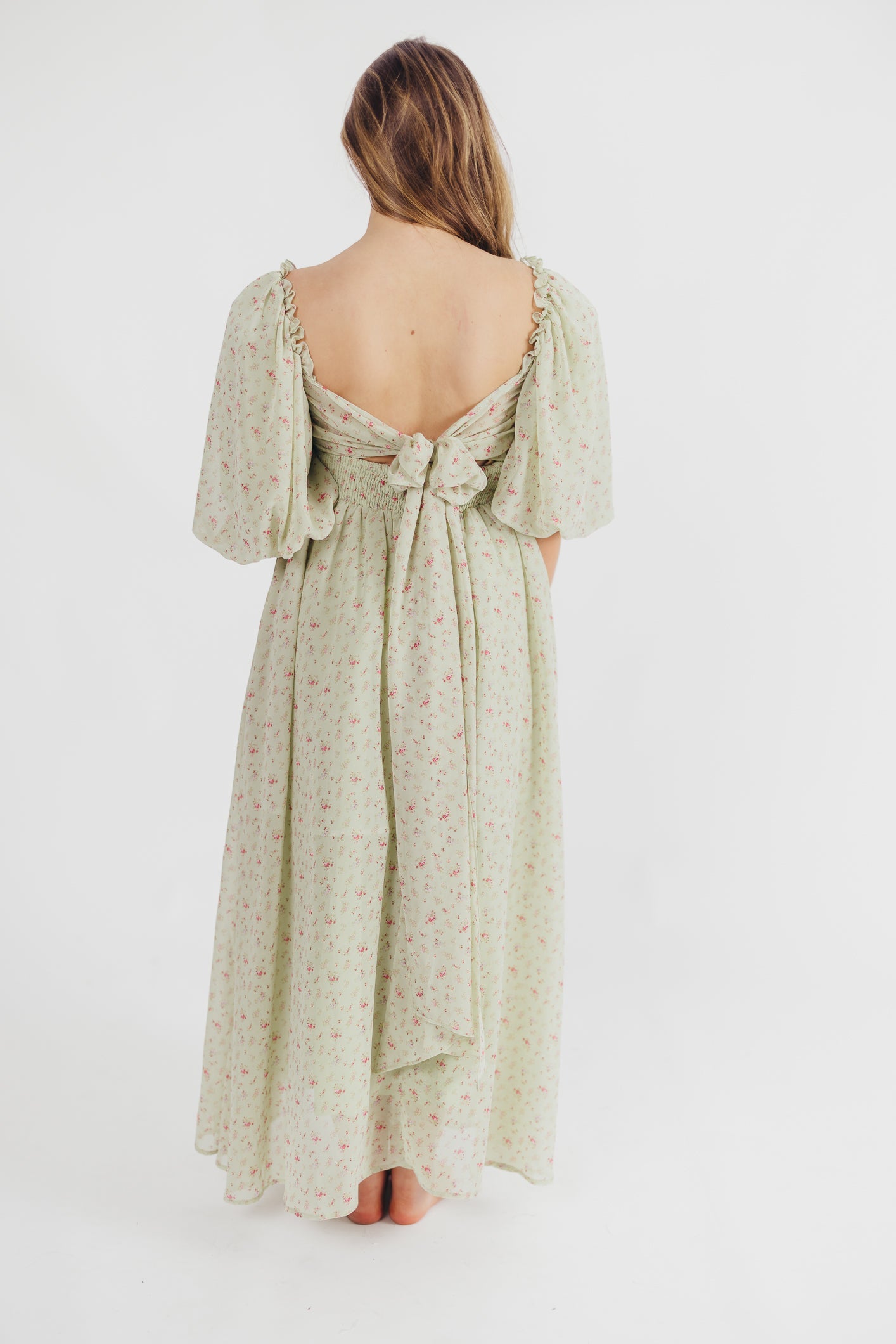 Melody Maxi Dress with Pleats and Bow Detail in Mint Floral - Bump Friendly & Inclusive Sizing (S-3XL)