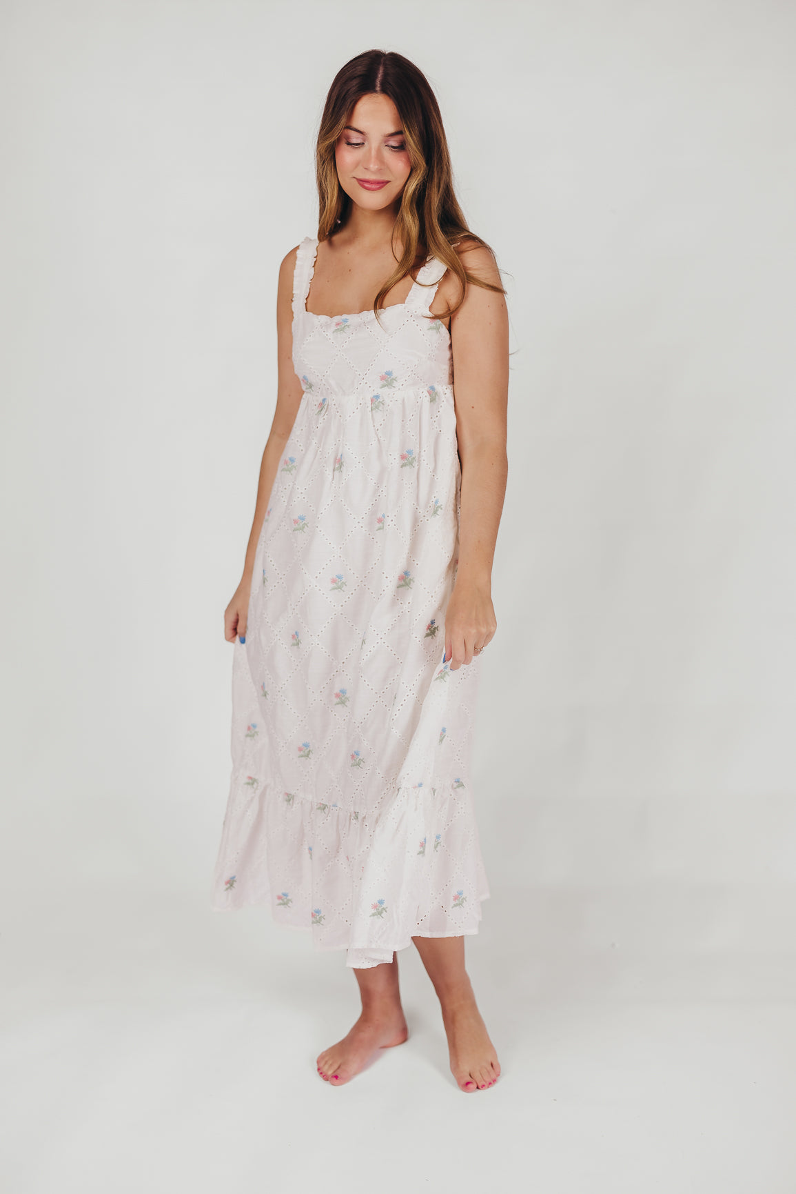 Lovelyn Empire-Waisted Midi Dress with Embroidered Flowers and Eyelet Details in White Multi Floral - Bump Friendly