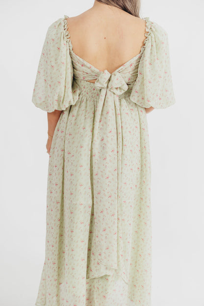 Melody Maxi Dress with Pleats and Bow Detail in Mint Floral - Bump Friendly & Inclusive Sizing (S-3XL)