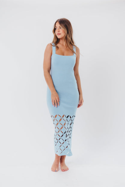 Sofia Knit Maxi Dress with Square Neckline and Cut-Out Detail in Sky