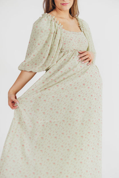 Melody Maxi Dress with Pleats and Bow Detail in Mint Floral - Bump Friendly & Inclusive Sizing (S-3XL)