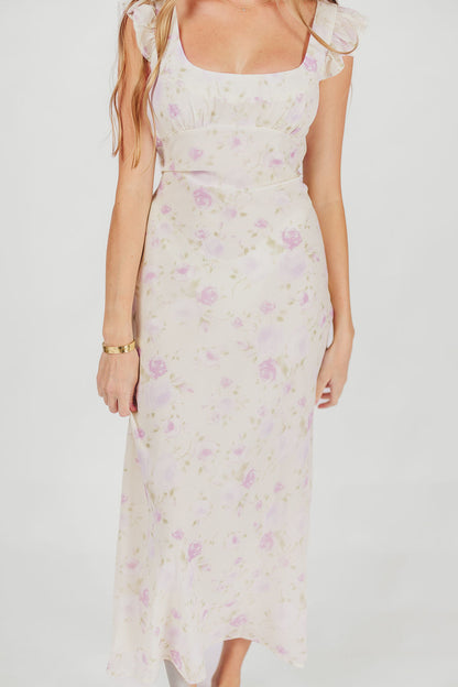 Pisa Floral Chiffon Midi Dress with Ruffle Shoulder in Lemon