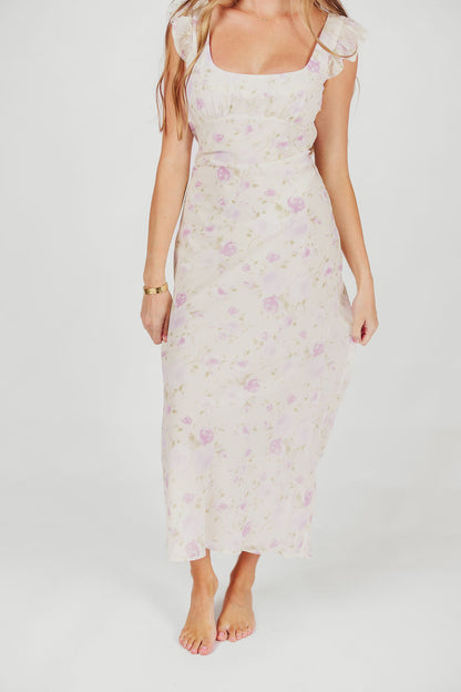 Pisa Floral Chiffon Midi Dress with Ruffle Shoulder in Lemon