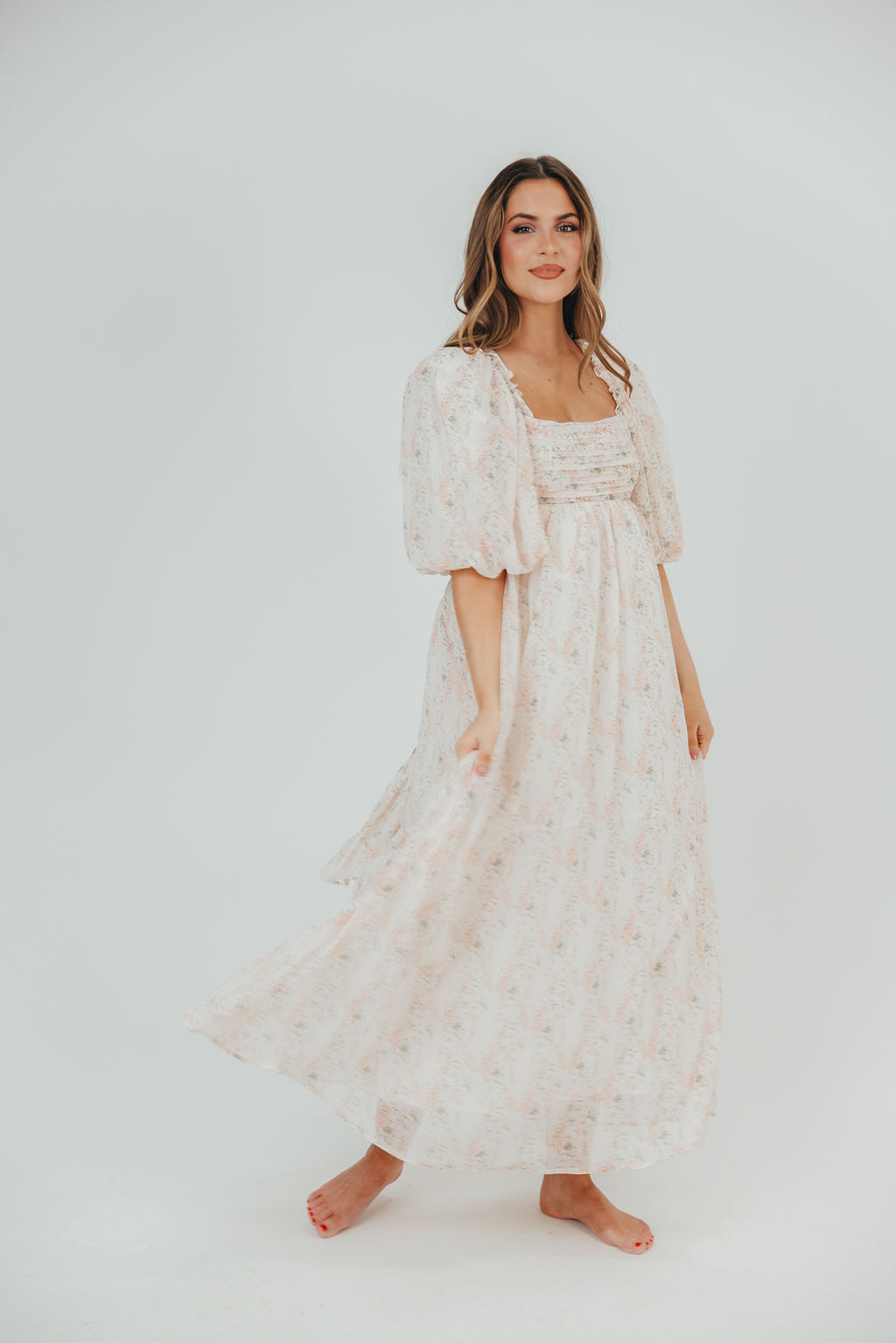 Melody Maxi Dress with Pleats and Bow Detail in Blush Floral - Bump Friendly & Inclusive Sizing (S-3XL)