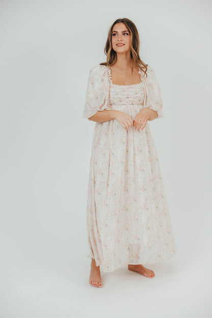 Melody Maxi Dress with Pleats and Bow Detail in Blush Floral - Bump Friendly & Inclusive Sizing (S-3XL)