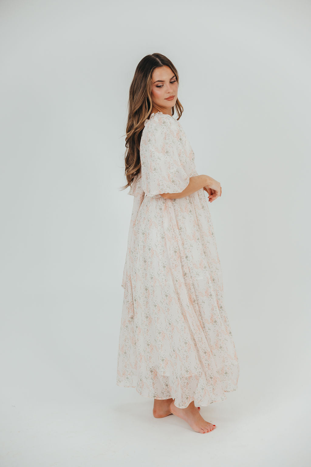 Melody Maxi Dress with Pleats and Bow Detail in Blush Floral - Bump Friendly & Inclusive Sizing (S-3XL)