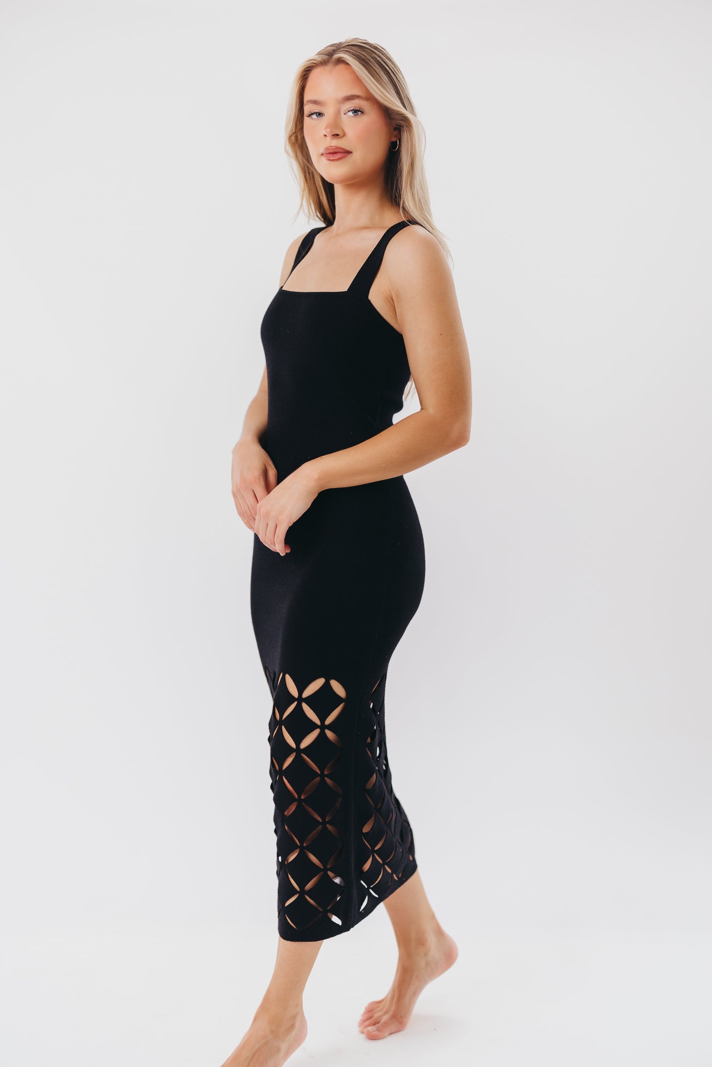 Sofia Knit Maxi Dress with Square Neckline and Cut-Out Detail in Black