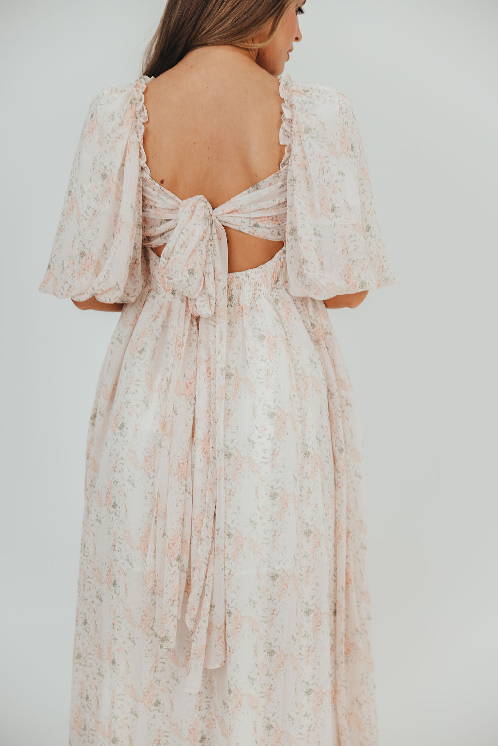 Melody Maxi Dress with Pleats and Bow Detail in Blush Floral - Bump Friendly & Inclusive Sizing (S-3XL)