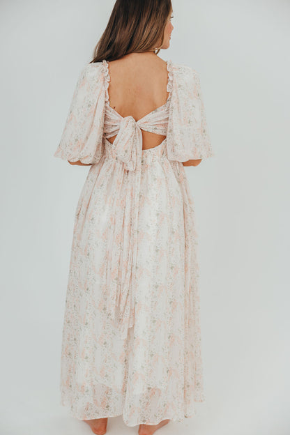 Melody Maxi Dress with Pleats and Bow Detail in Blush Floral - Bump Friendly & Inclusive Sizing (S-3XL)