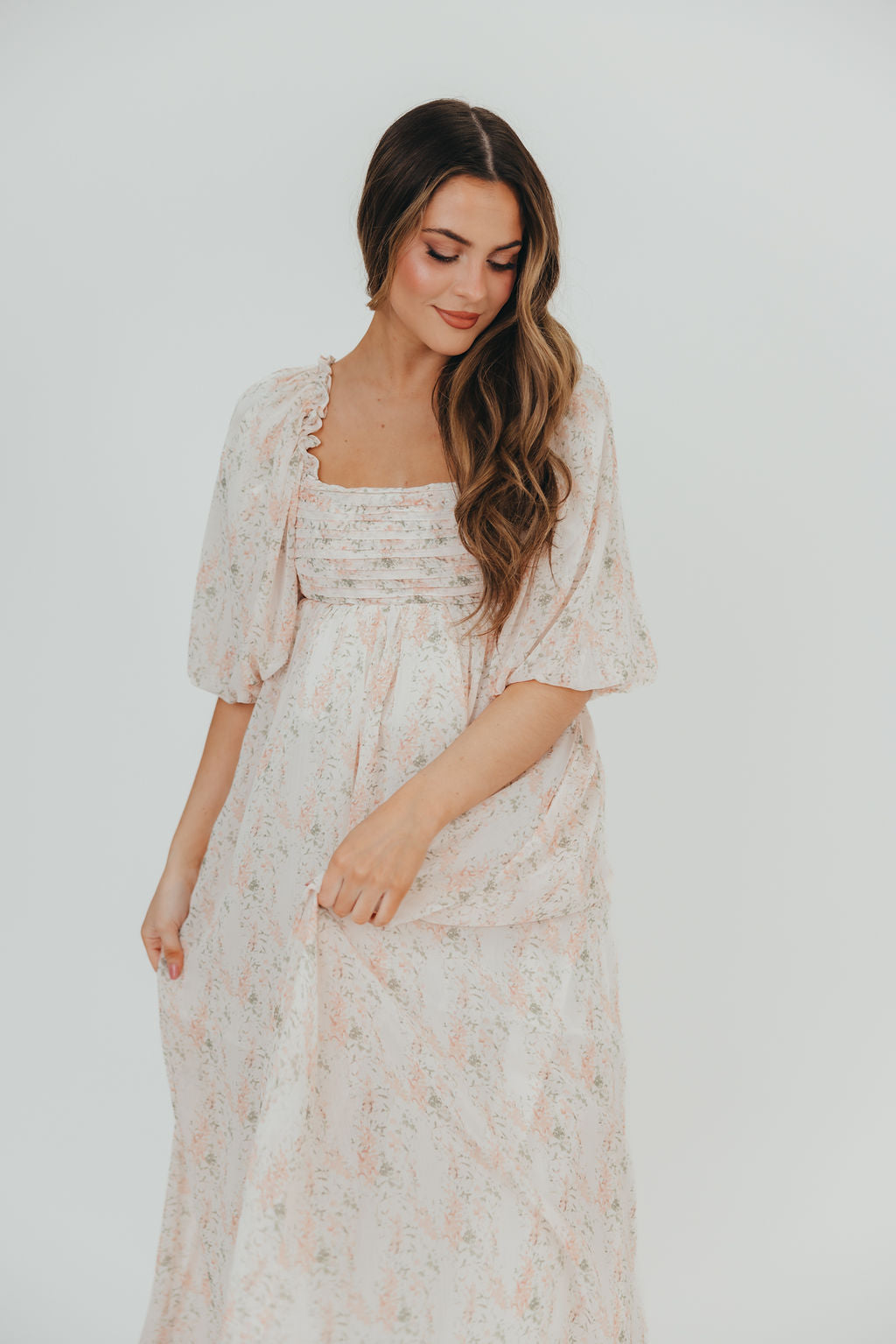 Melody Maxi Dress with Pleats and Bow Detail in Blush Floral - Bump Friendly & Inclusive Sizing (S-3XL)