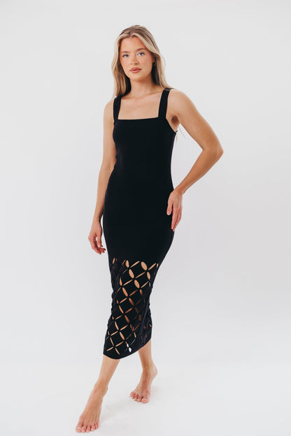 Sofia Knit Maxi Dress with Square Neckline and Cut-Out Detail in Black