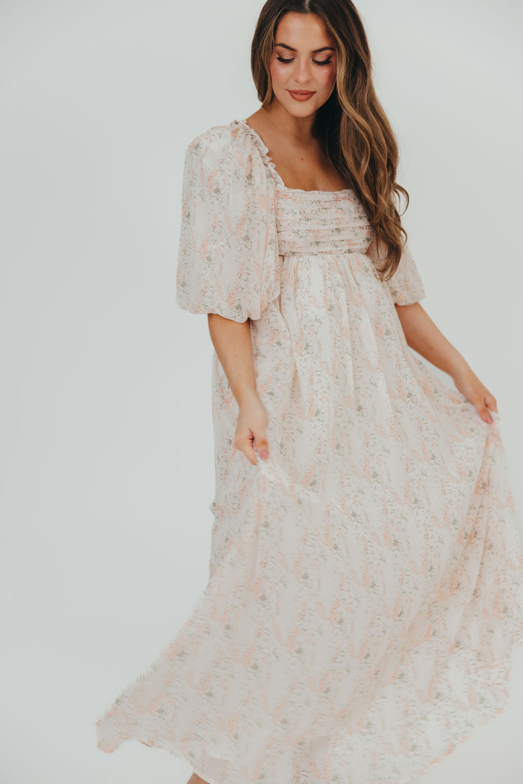 Melody Maxi Dress with Pleats and Bow Detail in Blush Floral - Bump Friendly & Inclusive Sizing (S-3XL)