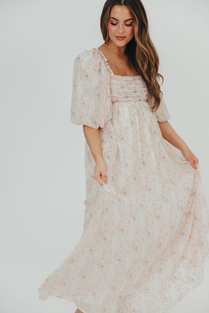 Melody Maxi Dress with Pleats and Bow Detail in Blush Floral - Bump Friendly & Inclusive Sizing (S-3XL)