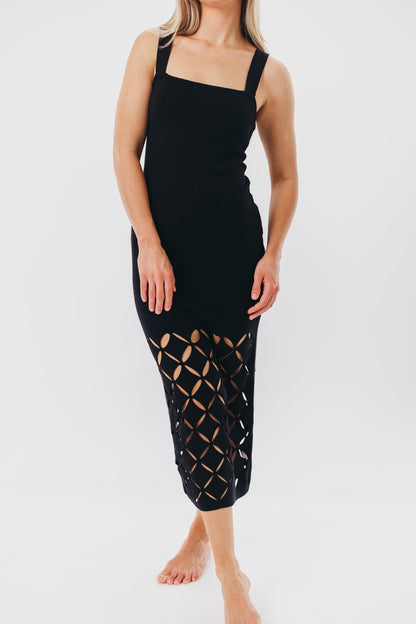 Sofia Knit Maxi Dress with Square Neckline and Cut-Out Detail in Black