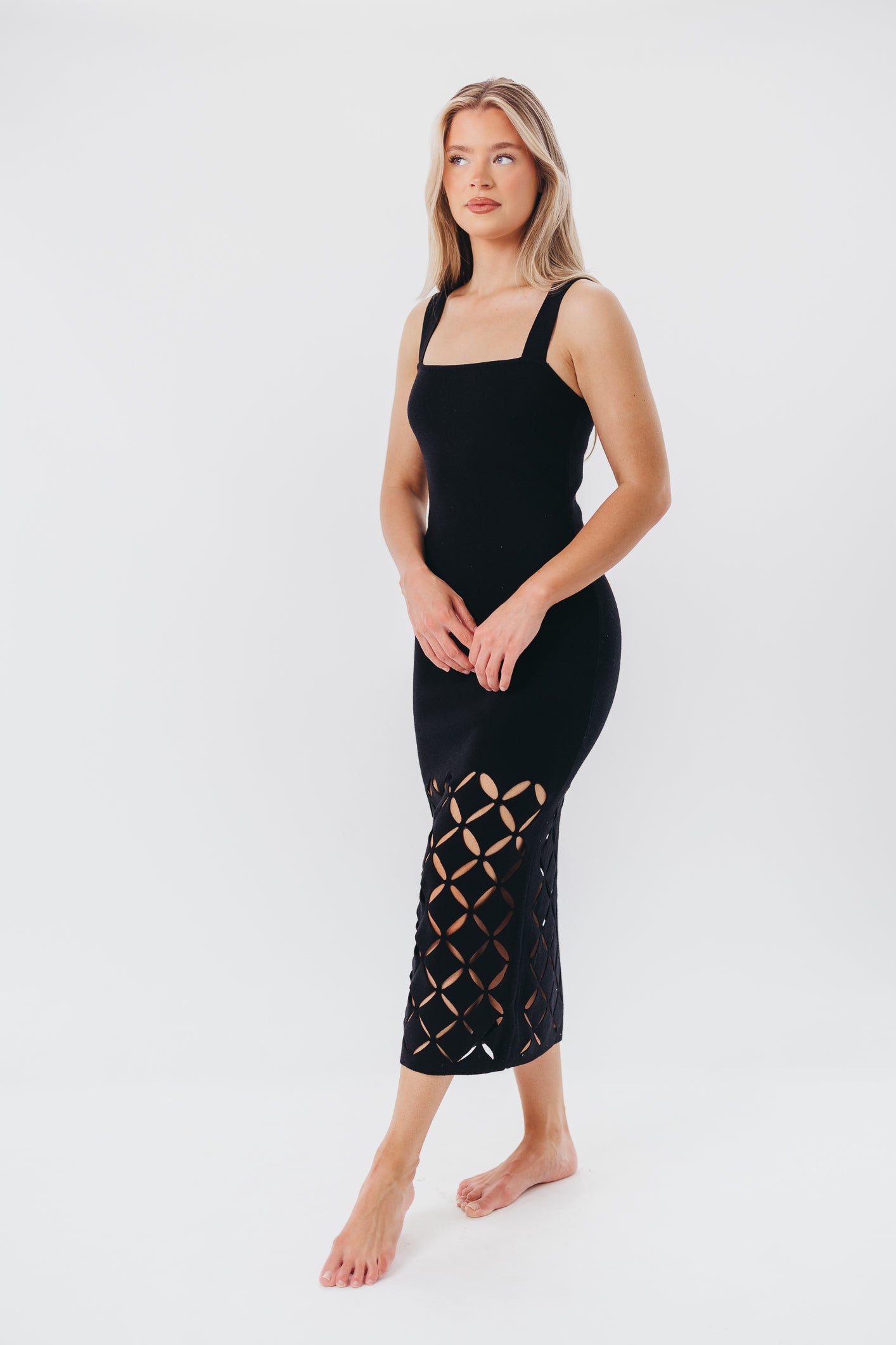 Sofia Knit Maxi Dress with Square Neckline and Cut-Out Detail in Black