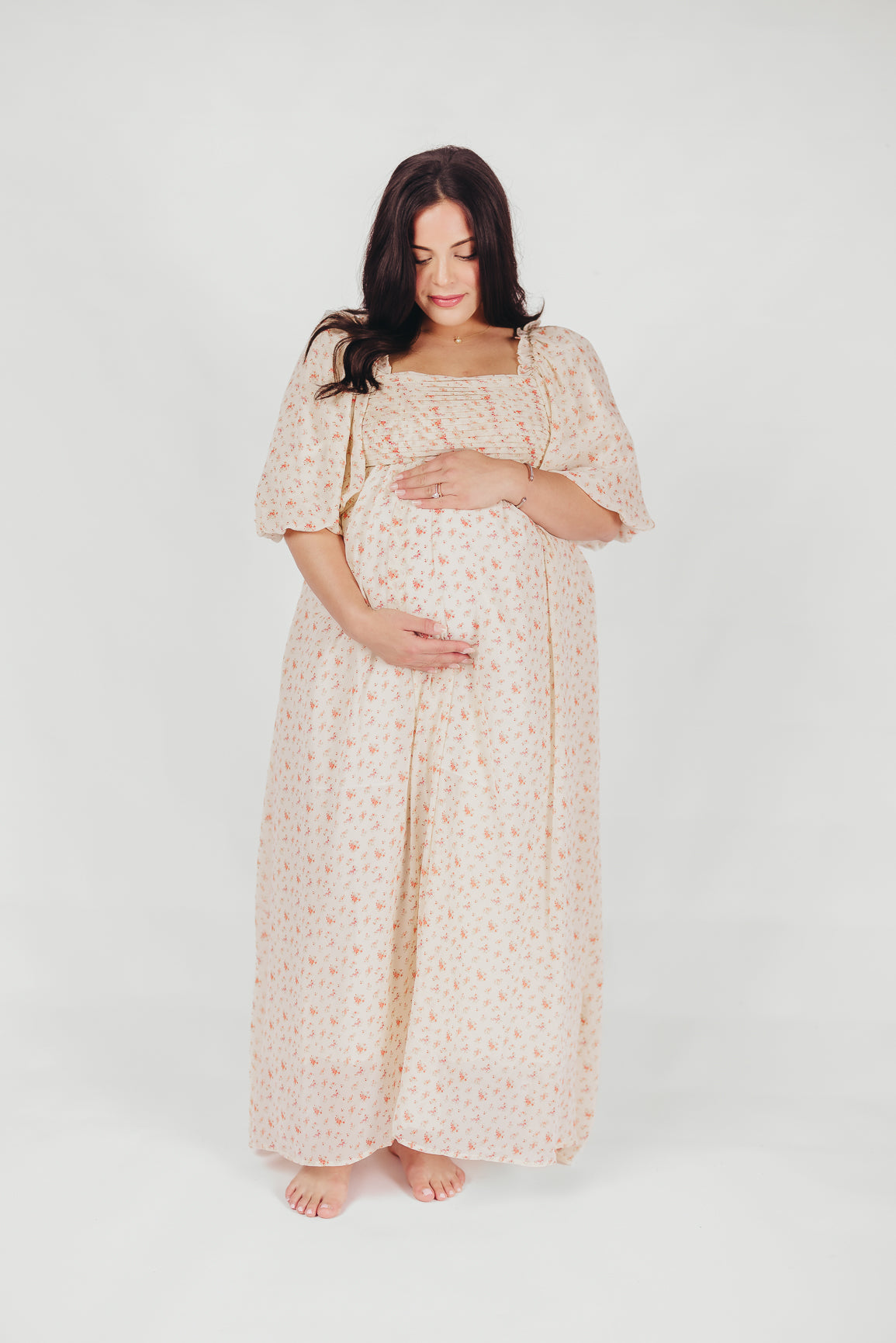 Melody Maxi Dress with Pleats and Bow Detail in Ivory Floral- Bump Friendly & Inclusive Sizing (S-3XL)