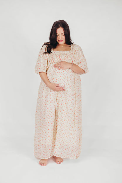 Melody Maxi Dress with Pleats and Bow Detail in Ivory Floral- Bump Friendly & Inclusive Sizing (S-3XL)