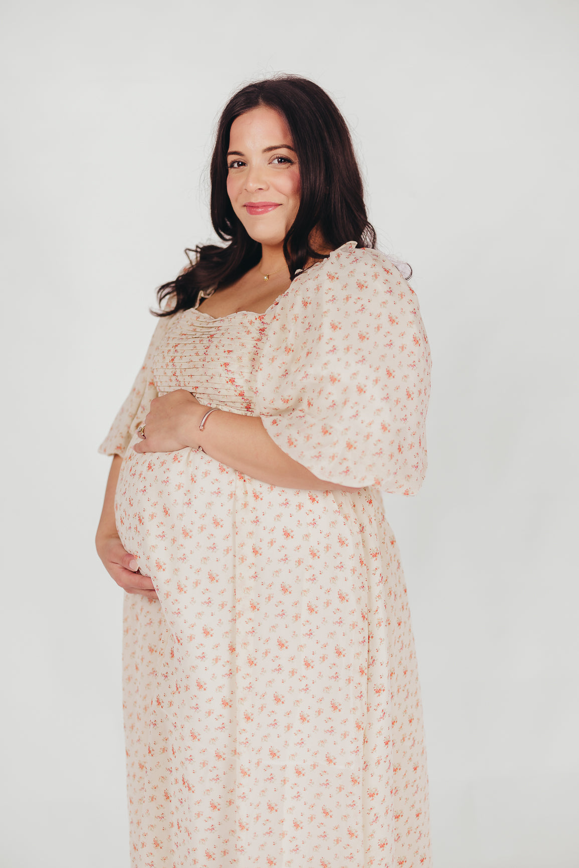 Melody Maxi Dress with Pleats and Bow Detail in Ivory Floral- Bump Friendly & Inclusive Sizing (S-3XL)