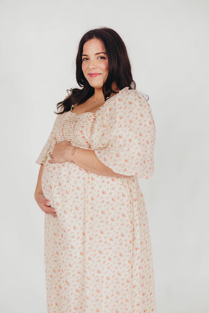 Melody Maxi Dress with Pleats and Bow Detail in Ivory Floral- Bump Friendly & Inclusive Sizing (S-3XL)