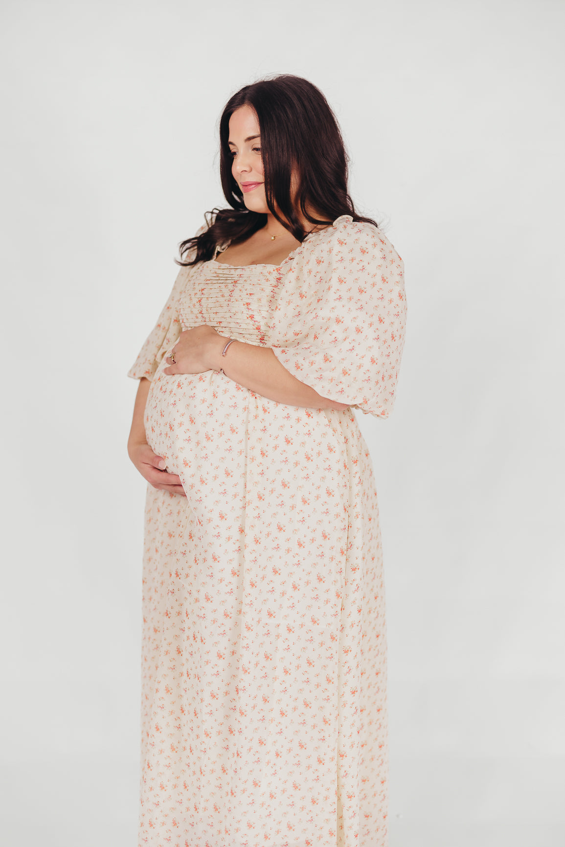 Melody Maxi Dress with Pleats and Bow Detail in Ivory Floral- Bump Friendly & Inclusive Sizing (S-3XL)