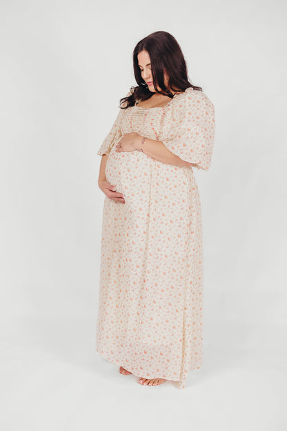 Melody Maxi Dress with Pleats and Bow Detail in Ivory Floral- Bump Friendly & Inclusive Sizing (S-3XL)