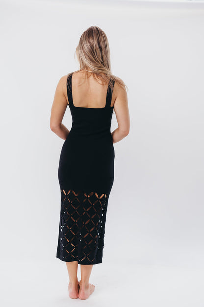 Sofia Knit Maxi Dress with Square Neckline and Cut-Out Detail in Black