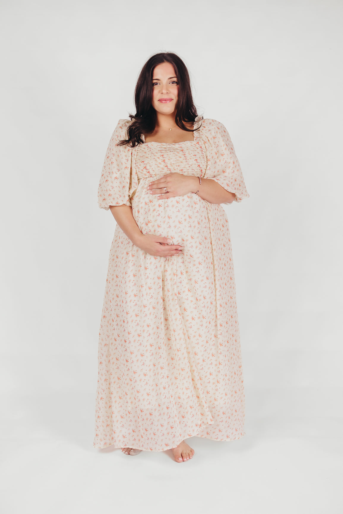 Melody Maxi Dress with Pleats and Bow Detail in Ivory Floral- Bump Friendly & Inclusive Sizing (S-3XL)