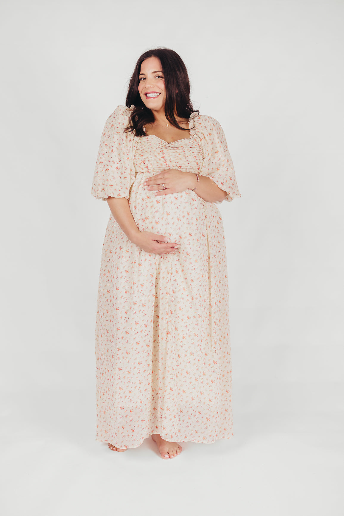 Melody Maxi Dress with Pleats and Bow Detail in Ivory Floral- Bump Friendly & Inclusive Sizing (S-3XL)