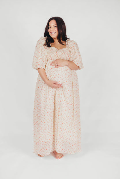 Melody Maxi Dress with Pleats and Bow Detail in Ivory Floral- Bump Friendly & Inclusive Sizing (S-3XL)