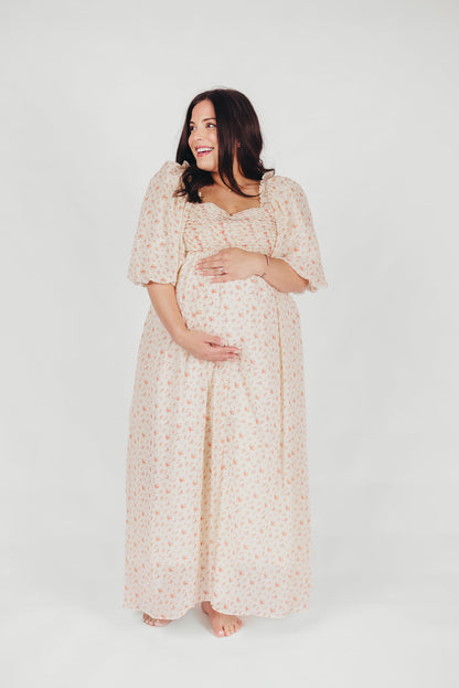 Melody Maxi Dress with Pleats and Bow Detail in Ivory Floral- Bump Friendly & Inclusive Sizing (S-3XL)