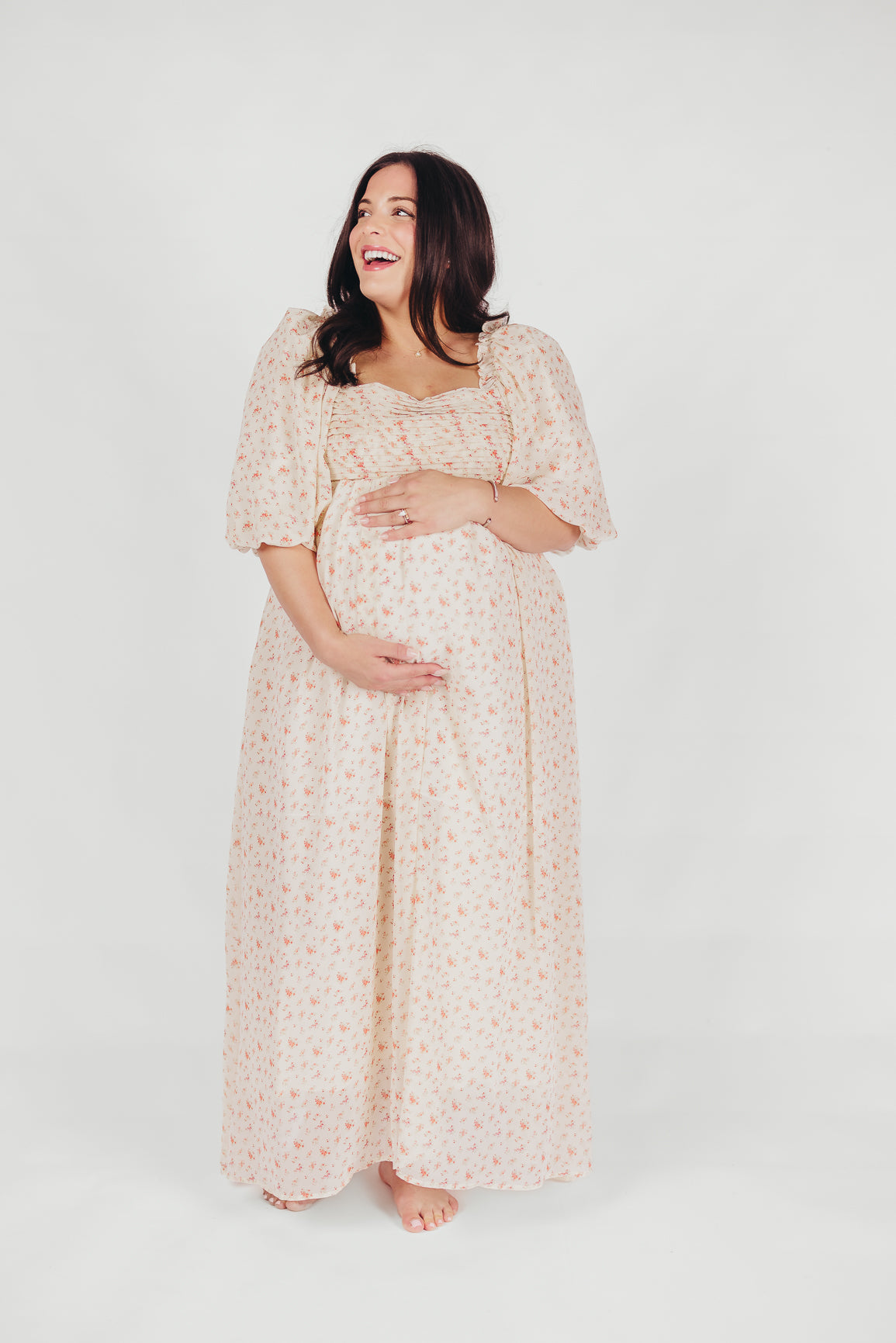 Melody Maxi Dress with Pleats and Bow Detail in Ivory Floral- Bump Friendly & Inclusive Sizing (S-3XL)